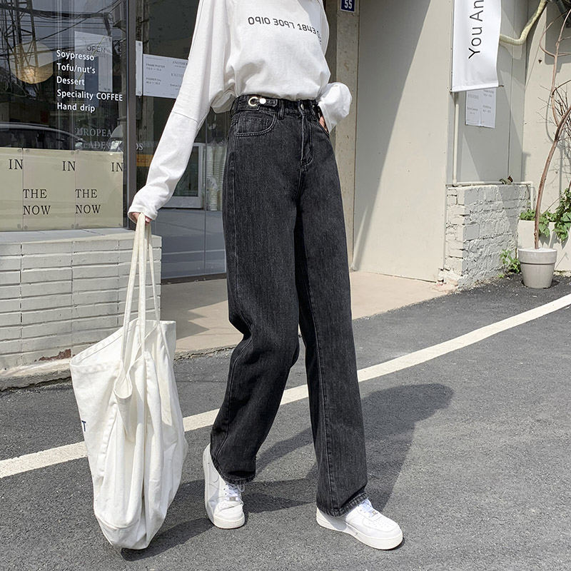 Real shot 2021 mopping jeans adjustable women's sag loose high waist thin Korean cowboy wide leg pants