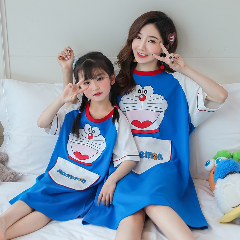 Real shooting pajamas female cotton lovely short sleeved nightdress summer can wear parent-child home clothes