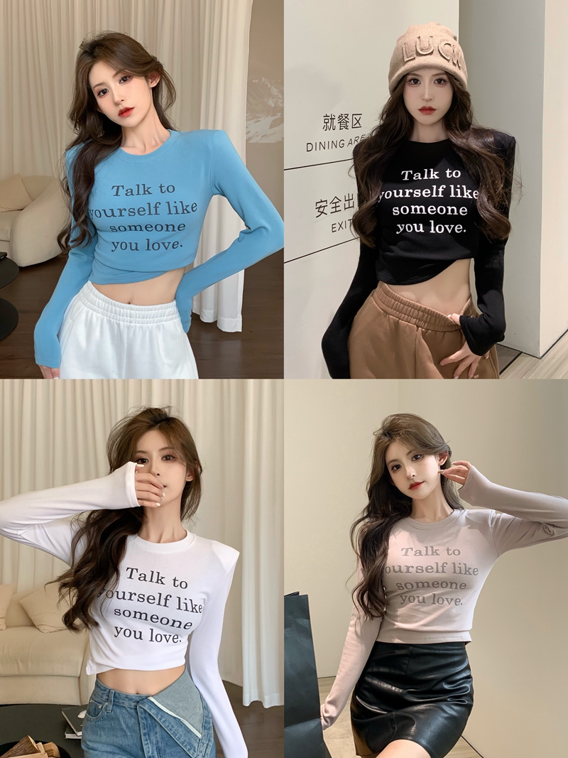 Real shot winter Hong Kong flavor letter printing slim fit and slim long-sleeved shoulder pad T-shirt with a short brushed and thick bottoming shirt