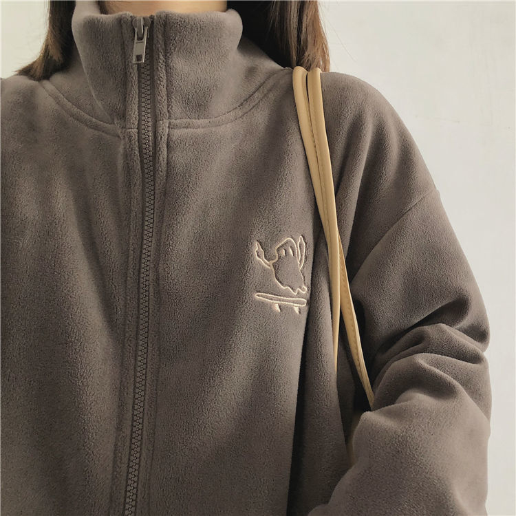 Polar fleece plus velvet embroidered jacket autumn and winter all-match loose sweater cardigan Korean version solid color sweet warm sweater