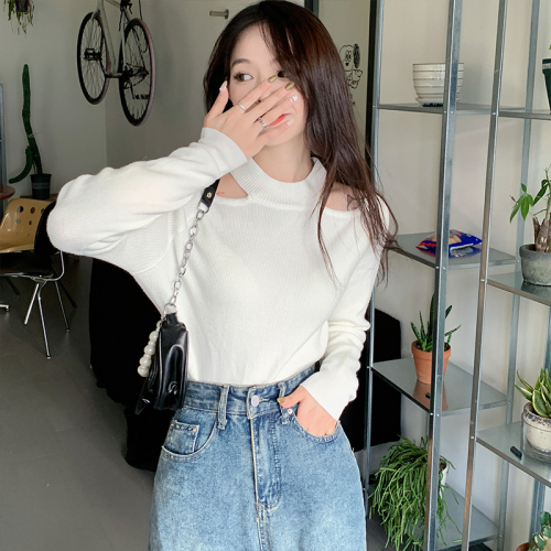 Off-the-shoulder sweater Hong Kong style hot girl solid color sexy hollow long-sleeved pullover leaking shoulder knitted bottoming shirt