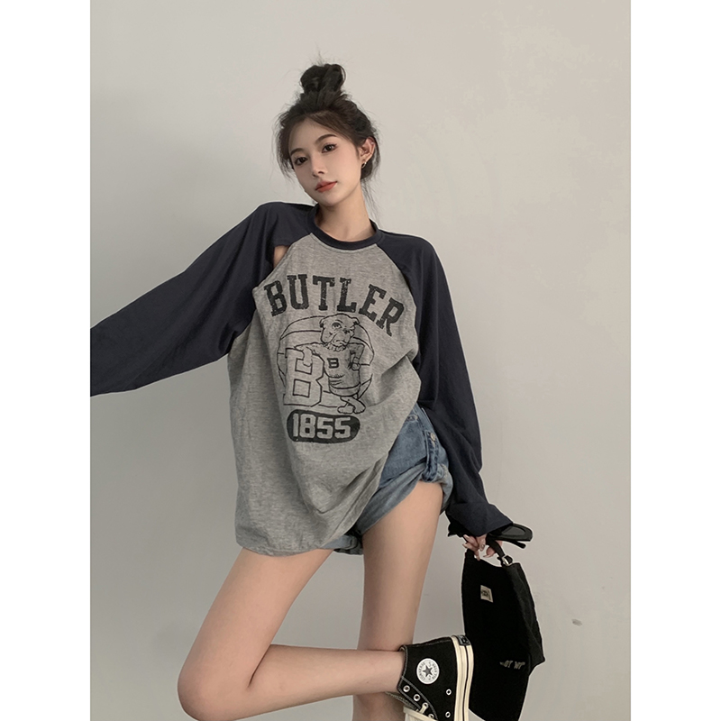 Hong Kong-style long-sleeved t-shirt women's early autumn mid-length loose long-sleeved thin section