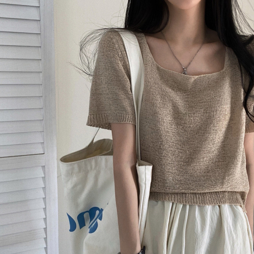 Real price Korean chic versatile square neck short-sleeved sweater casual top for women