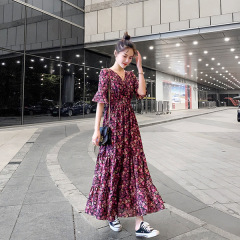 Chiffon floral mid long dress 2021 summer new V-neck short sleeve fat mm stitching Pleated Dress