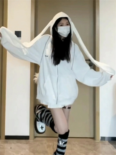 Back collar double-layer hood, non-balling, with cotton screw thread, imitation cotton Chinese cotton composite 310g thin sweatshirt for women with bunny ears