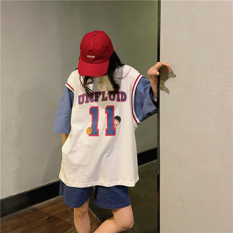 Real shot fake two short sleeve T-shirt women's Korean basketball clothes Street long loose half sleeve top