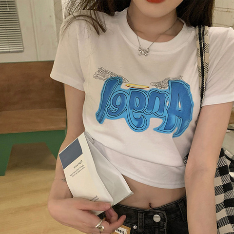 2022 summer new Korean Spice Girls short white letter T-shirt women slim short sleeved top