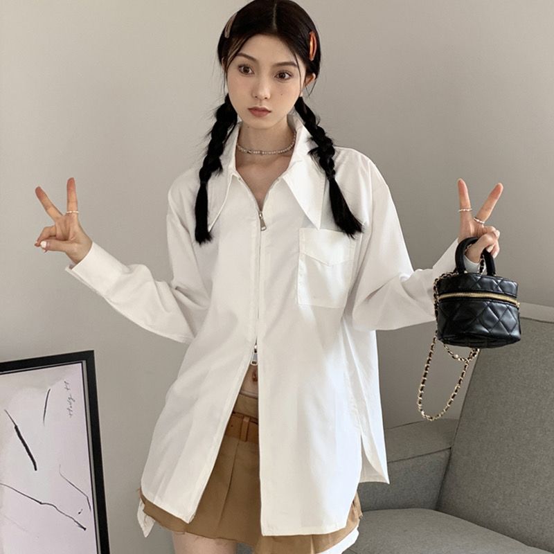 Zipper white shirt women's jacket Korean style design niche spring and autumn high-end long-sleeved top solid color shirt trend