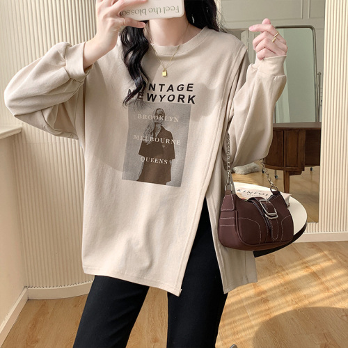 Real shooting real price  autumn and winter new long-sleeved t-shirt women's American retro loose mid-length slit t-shirt top