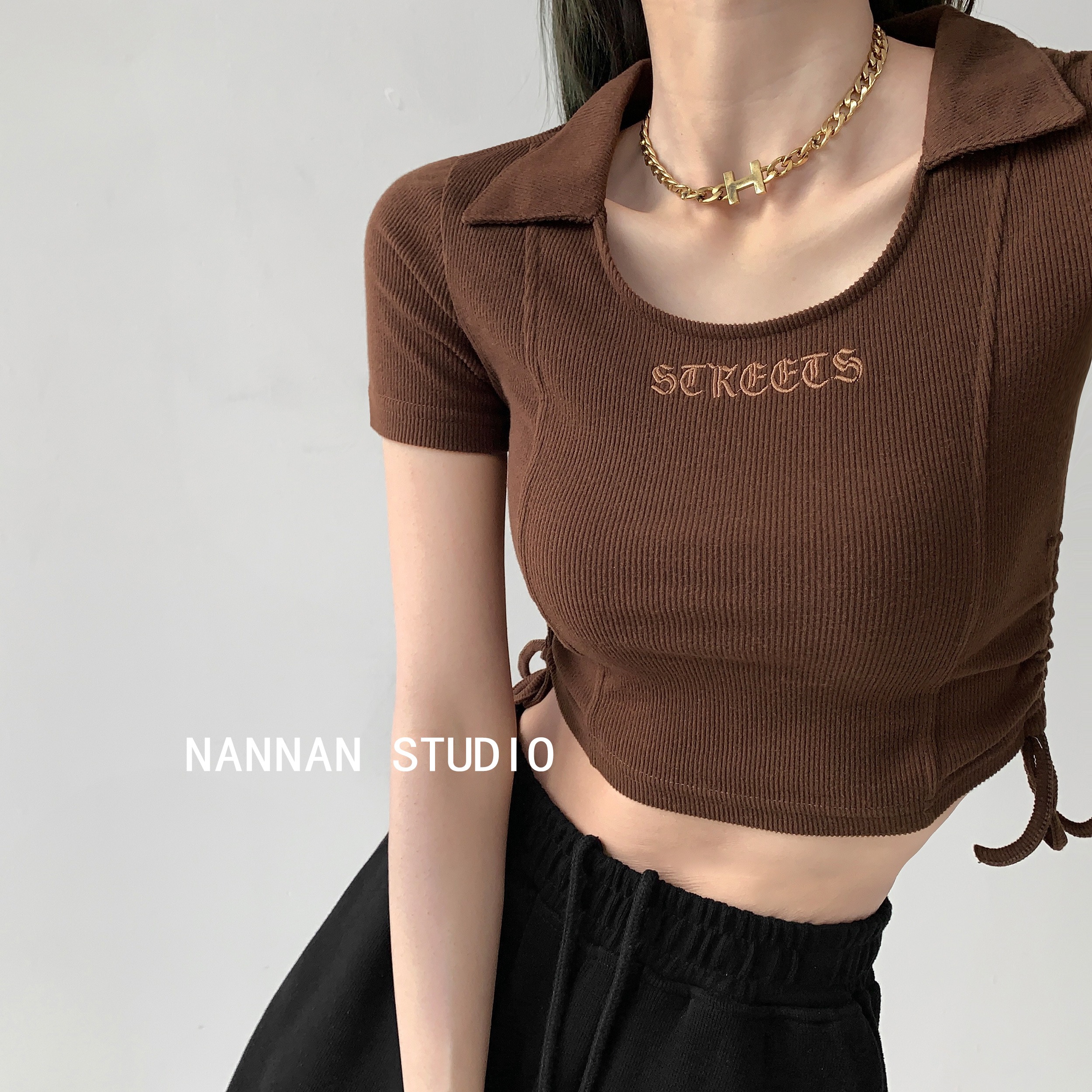 American slim fit Lapel short sleeve knitted T-shirt women's summer spice style drawstring pleat waist slim short top