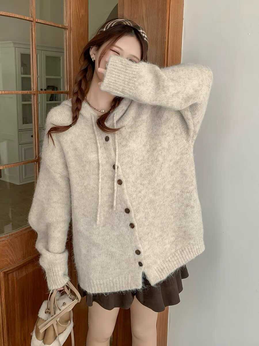 Soft and Gentle Hooded Sweater for Women - Korean Style Autumn/Winter Lazy Look Hooded Cardigan with Cashmere Fleece Upper Body