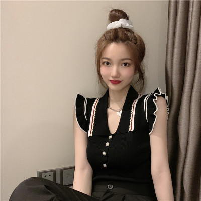 2021 summer's new Korean versatile V-neck thin design sense of minority sleeveless Polo Knitted Top T-shirt women's trend
