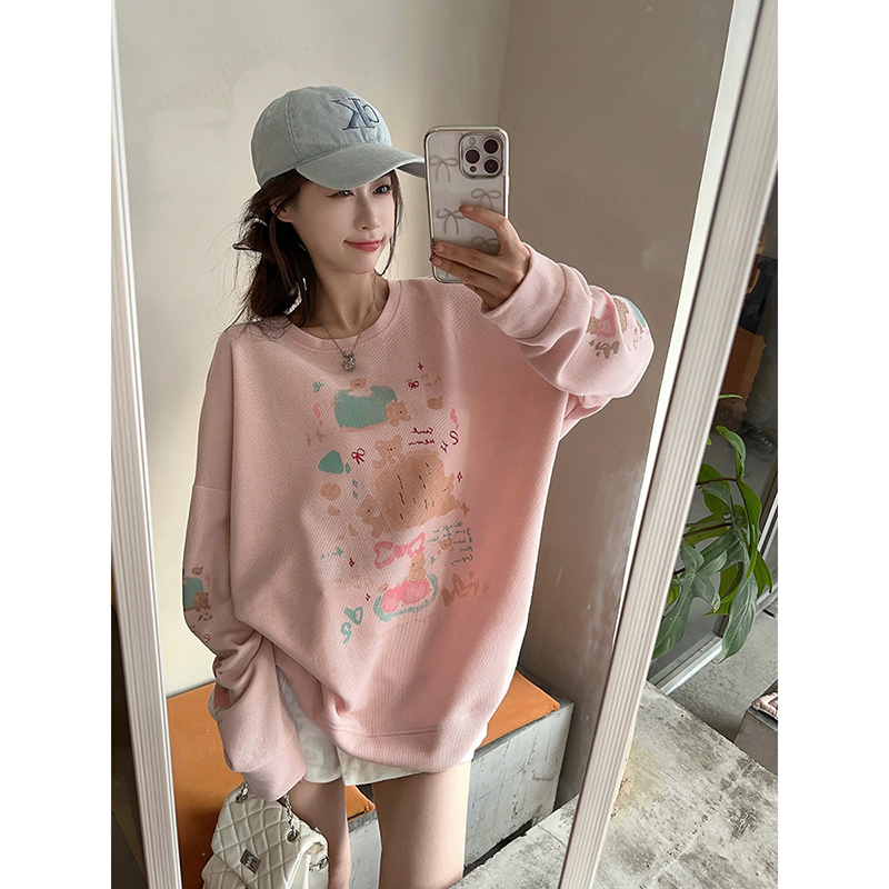 Original~Actual Shoot~Mien Hoodie Autumn Round Neck Print Loose Matchy Matchy Hoodie Women Long Sleeve