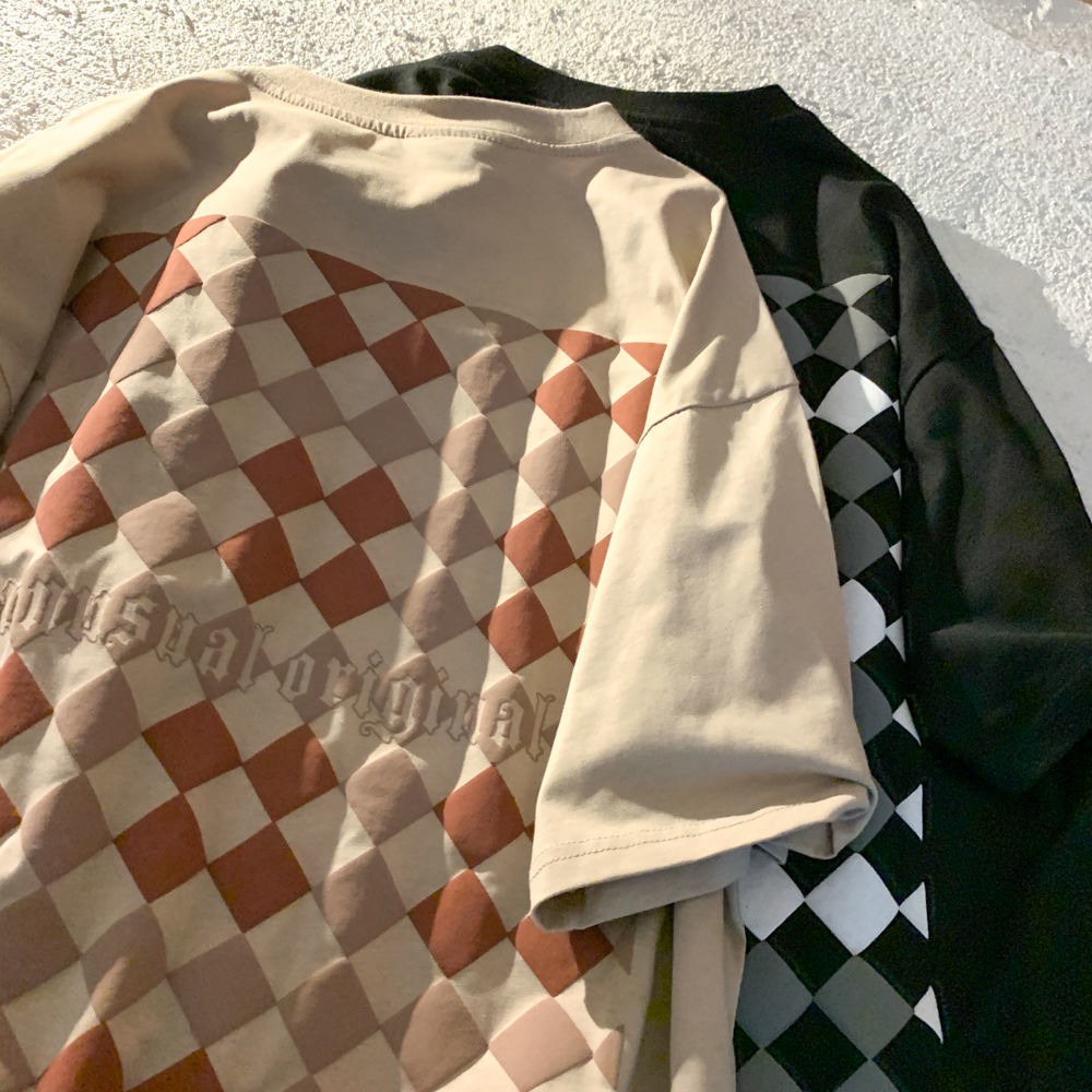 Wrap collar wrap shoulder cotton checkerboard printed short sleeve t-shirt men's and women's new summer loose couple top