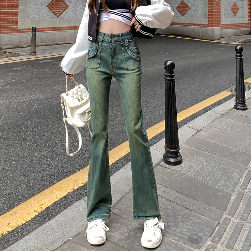Real shot of retro jeans for women 2023 spring and summer new style small high-waisted trousers slim slightly flared trousers