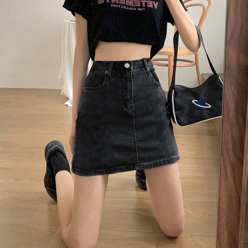 High waist bag hip A-line denim skirt women's new summer ins tide all-match fat mm casual denim solid color skirt