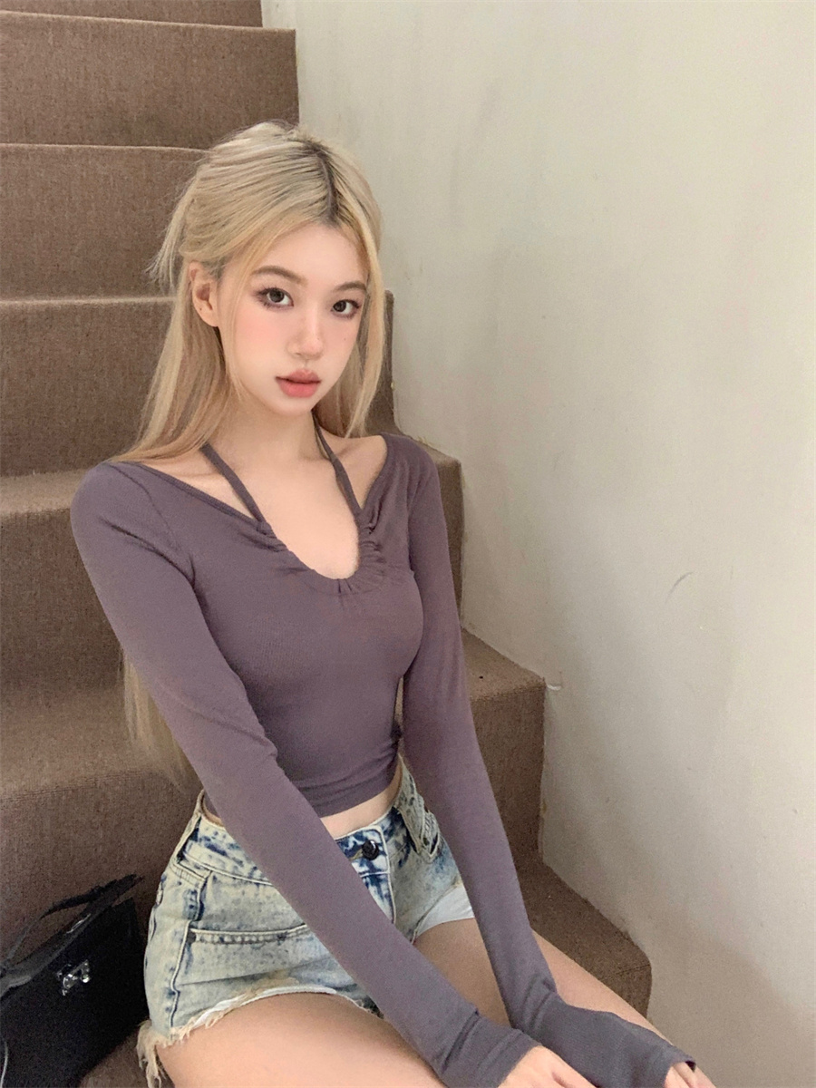 Real shot, real price, early spring new high-end multi-wear strappy long-sleeved T-shirt top