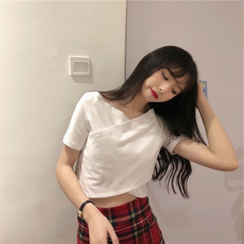 2022 Summer Short Sleeve T-Shirt women's personality slim, cross exposed navel, slim, short V-neck top