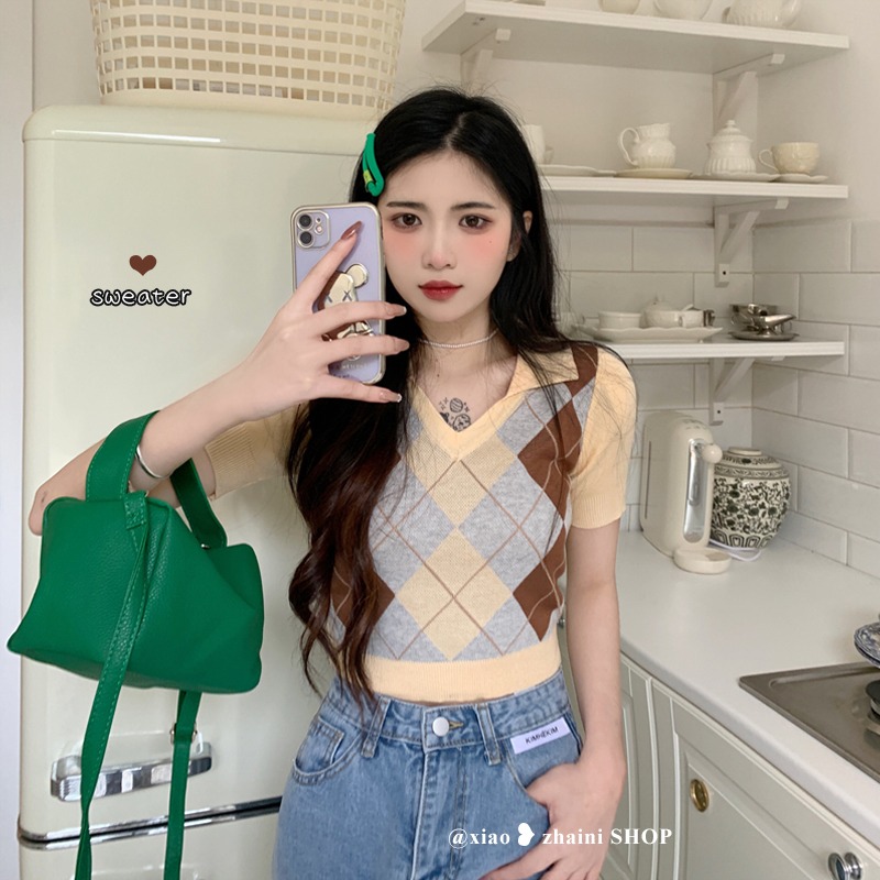 V-neck Ling check short sleeve sweater women's summer 2022 new sweater slim fit design sense niche short top