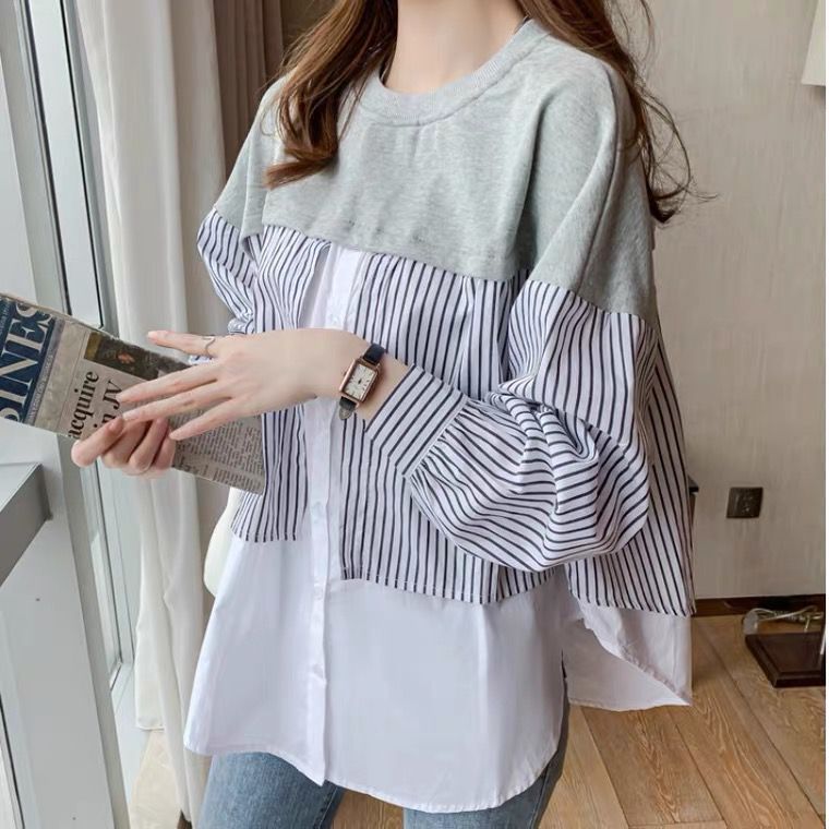 Nordic minority autumn design stripe stitching sweater fake two loose casual long sleeve shirt women's top