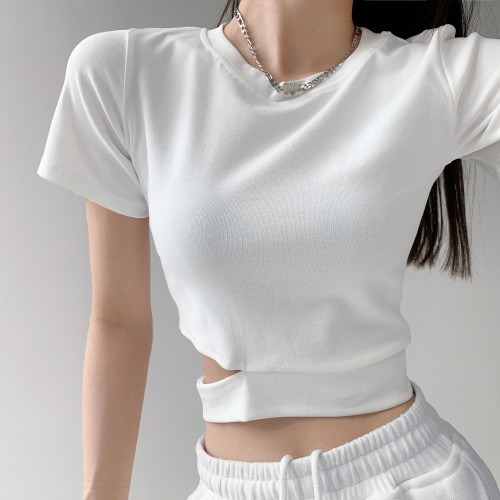 Pull frame cotton sweet Spice Girl irregular split waist short sleeve T-shirt women's summer solid round neck