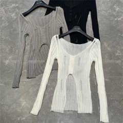 Hollow hole sunscreen T-shirt for women, summer thin suspender top, hollow blouse, air conditioning shirt, design short top