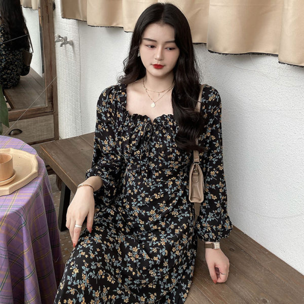 Autumn women's new 2021 waist closing slim Lantern Sleeve floral print over knee skirt small design dress