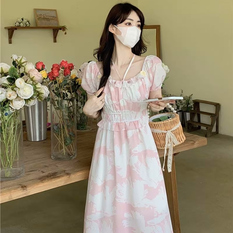 Summer dress 2023 year of female milk sweet and gentle style waist waist slimming Japanese pink fairy niche long skirt