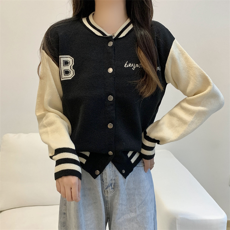 Real shot Contrasting color niche letters new baseball uniform sweater jacket loose all-match sweater