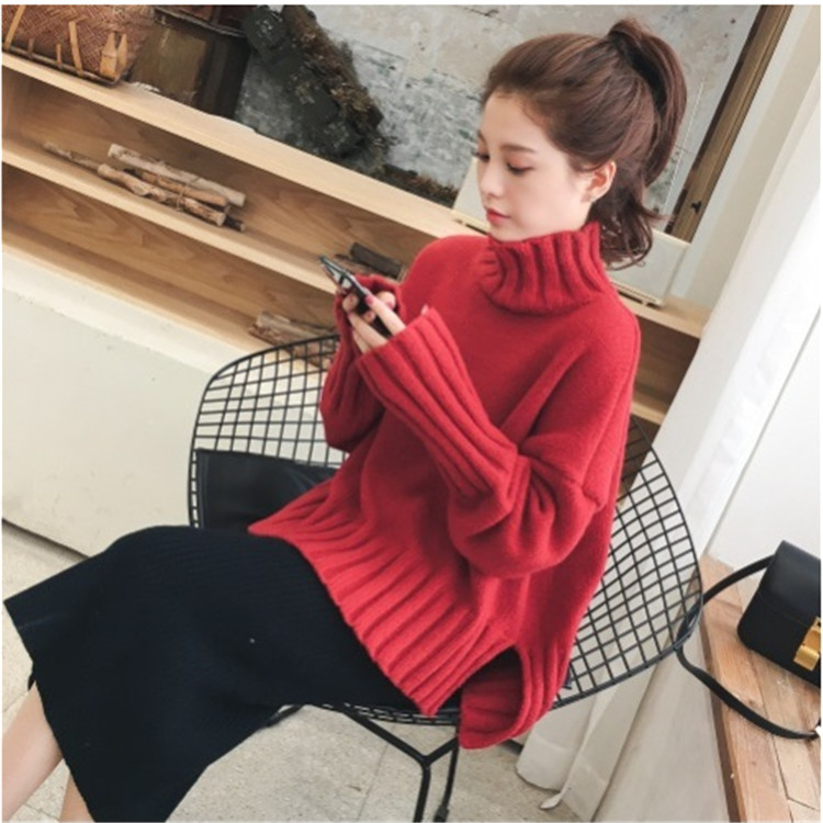 Autumn winter 2020 new Korean split high collar Pullover red net red sweater women's lazy wind loose knit top