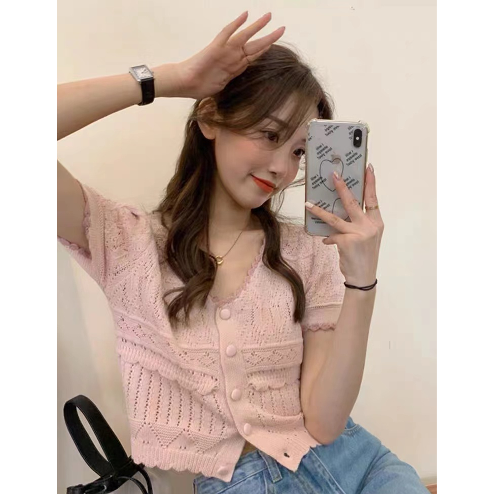 THETURE hot girl milk bear knitted short-sleeved top women's thin T-shirt summer high waist short 2022 new style
