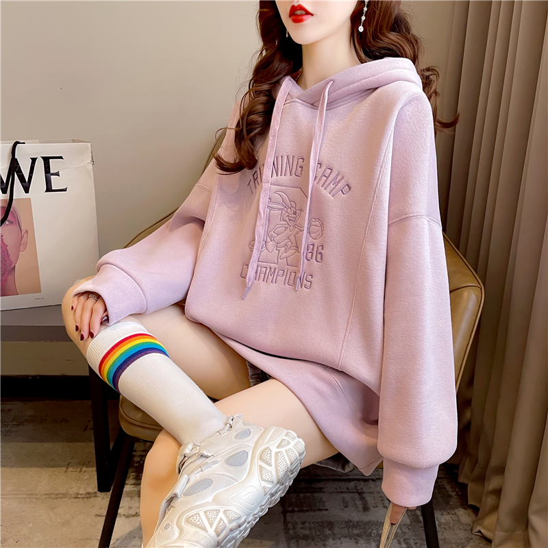 Real shot 2022 autumn Korean version loose hooded embroidery mid-length plus size women's thin sweater women