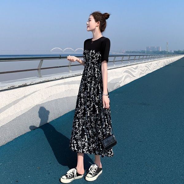 Dress women's 2021 summer dress new Hepburn medium length patchwork floral skirt