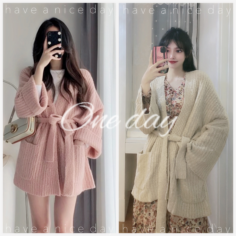 Gentle wind lace-up sweater jacket women's spring and autumn new loose and thin lazy wind knitted cardigan long-sleeved top
