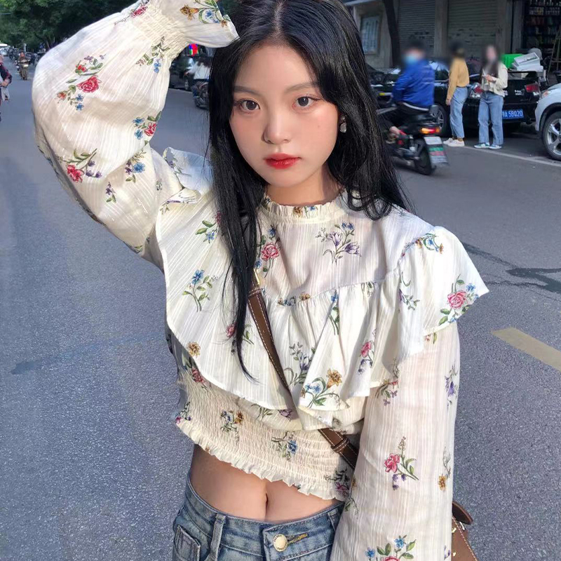 Korean sweet foreign style aging flower retro Ruffle short shirt top women's summer