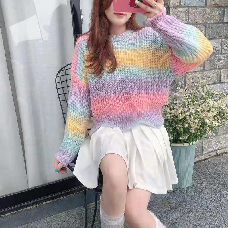 New Rainbow Stripe knitted tie dyed sweater women's wear new loose fashion casual top in spring and Autumn