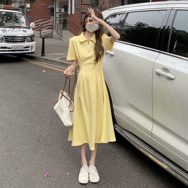 Polo collar short sleeve dress women's summer 2022 new design pleated waist slim A-line skirt