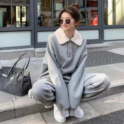 Autumn and winter new Korean sportswear fur collar sweater suit female student plus velvet thickening casual harem pants two-piece set