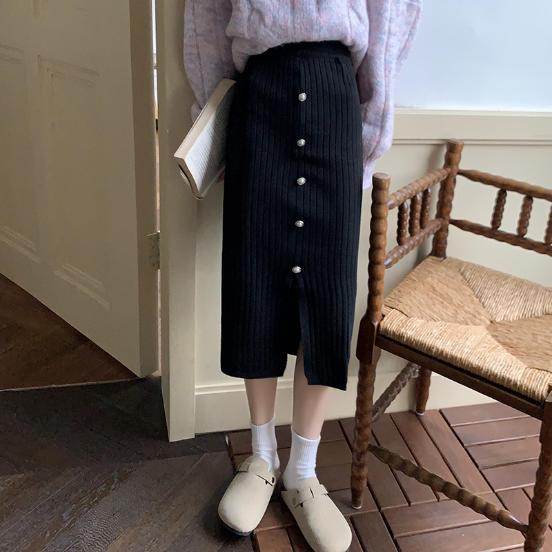 Real time knitted one-step skirt medium long autumn and winter new wrap skirt slim professional skirt single breasted skirt for women