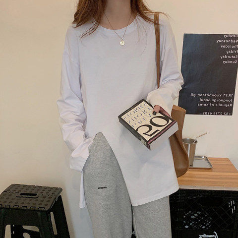 100% cotton 2022 autumn and winter bottoming shirt slit all-match long-sleeved t-shirt women's top trend
