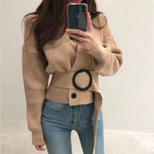 Vintage Chic double breasted knit cardigan 2021 autumn winter new fashion V-neck belt short blouse women
