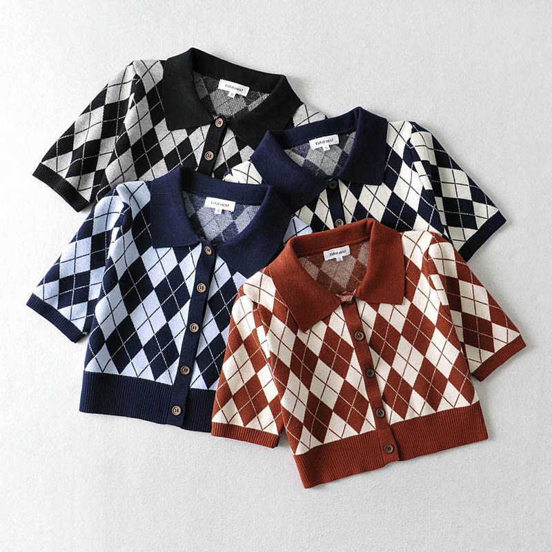 British style Lingge short cardigan top women's Retro polo collar button college age reducing versatile short sleeved sweater