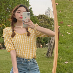 Real photo real price Korean Plaid round neck short sleeve T-shirt shirt women's short
