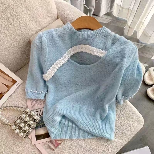 Milk blue nail bead short sleeve sweater women's summer 2022 new design sense of minority temperament slim blouse