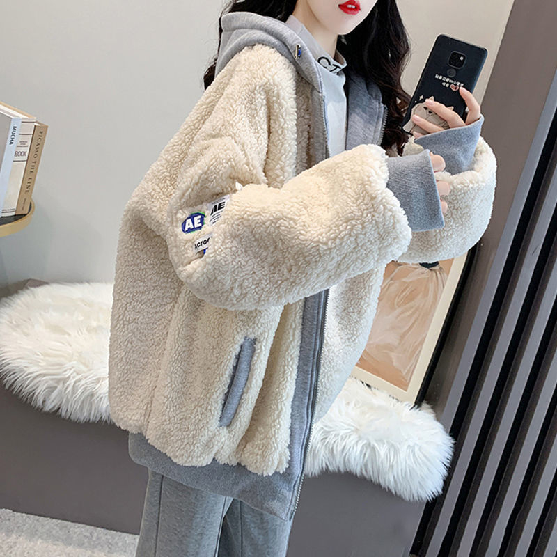 Large size women's clothing 200 jin autumn and Korean version loose literary lamb wool coat women's trendy ins autumn and winter lamb wool outer wear