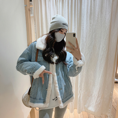 Wear denim jacket on both sides, female winter Plush thickened warm Plush coat