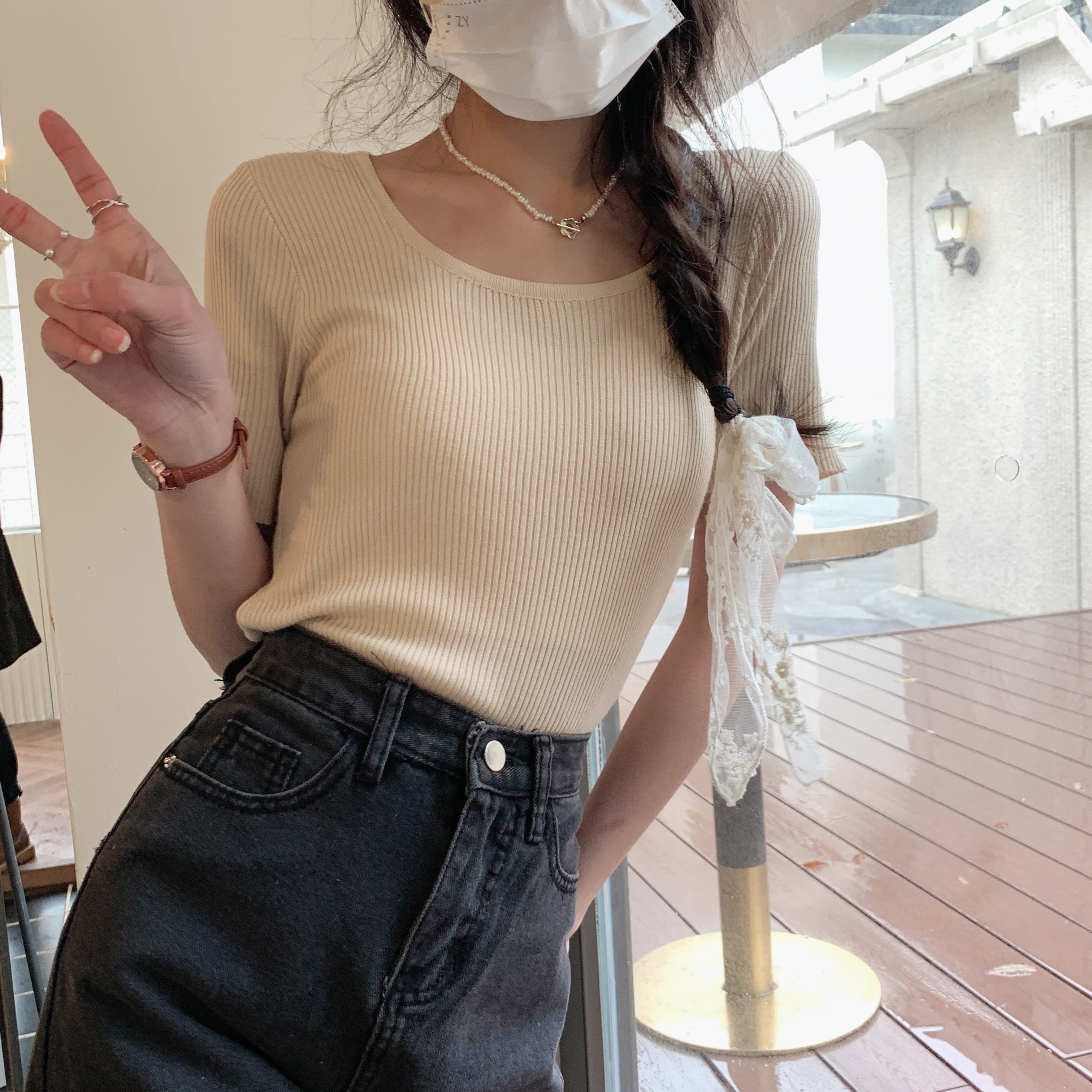 Real shooting and real price new Korean style solid color casual square collar collarbone thin sweater