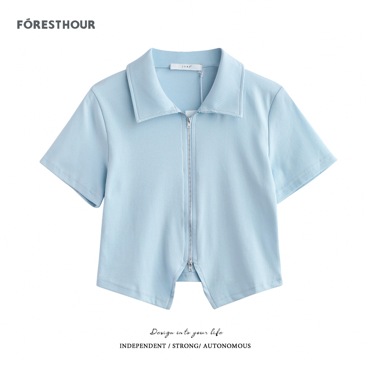 Real shot 200g pit strip summer new short double headed zipper polo collar short sleeve T-shirt women's top