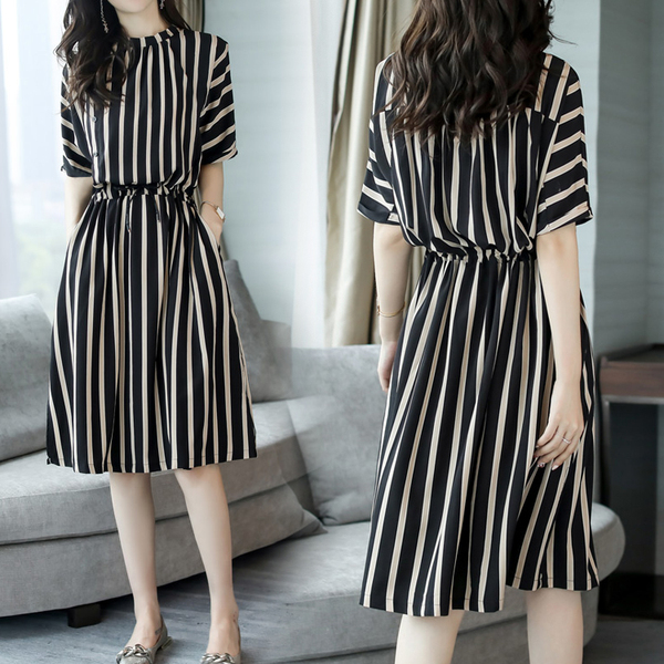 Vertical stripe dress women's summer 2021 Korean waist style fashion casual loose medium length