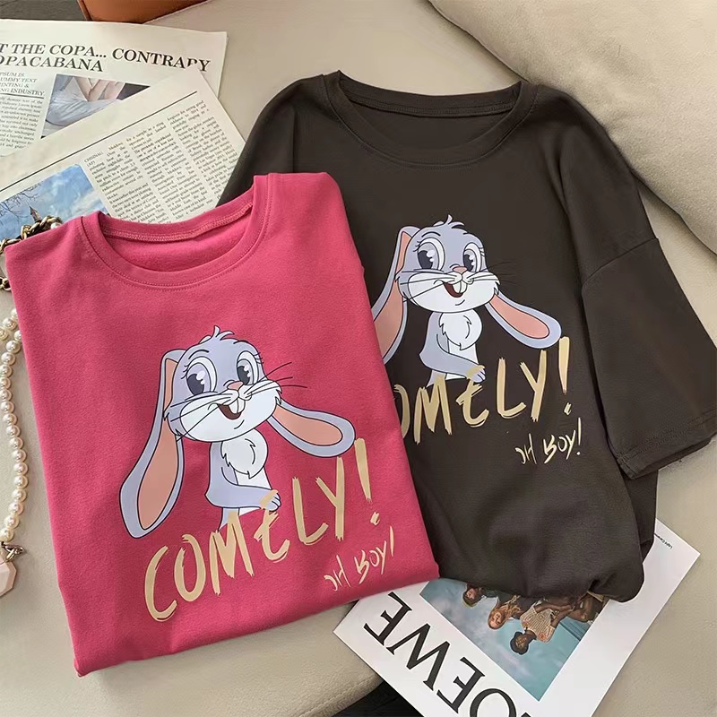 Pack collar dropped shoulders pure cotton rabbit letter printing short-sleeved t-shirt female design sense niche fashion half-sleeved